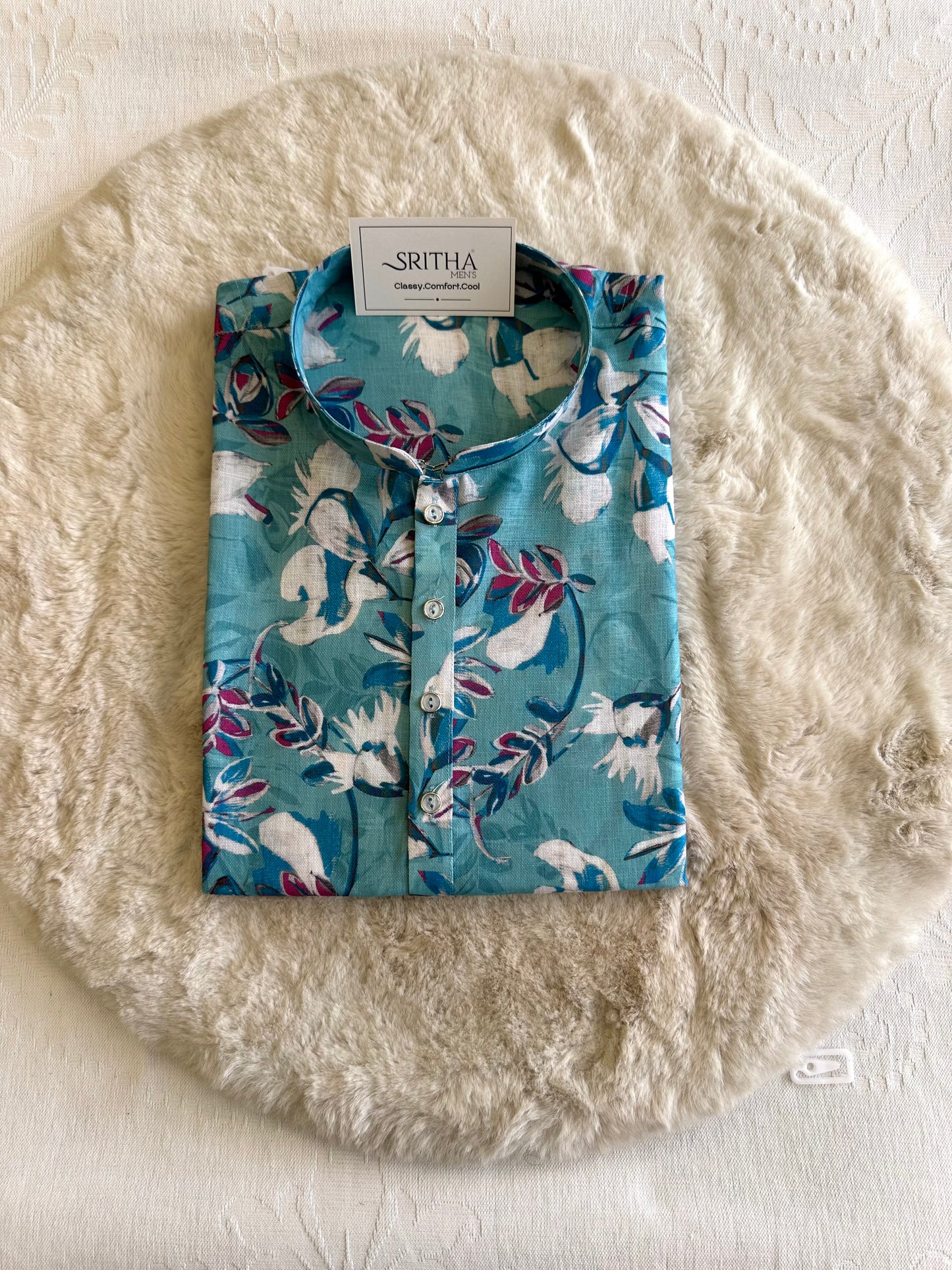 SM0626-01-01 Blue & White Floral Design Printed Linen Blend Kurta