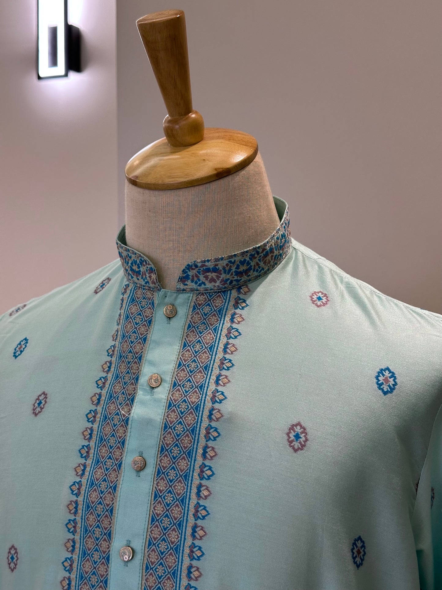 SM1125-06-02 Turquoise Soft Silk & Woven Design Kurta Set