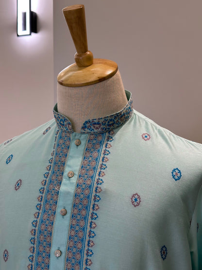 SM1125-06-02 Turquoise Soft Silk & Woven Design Kurta Set