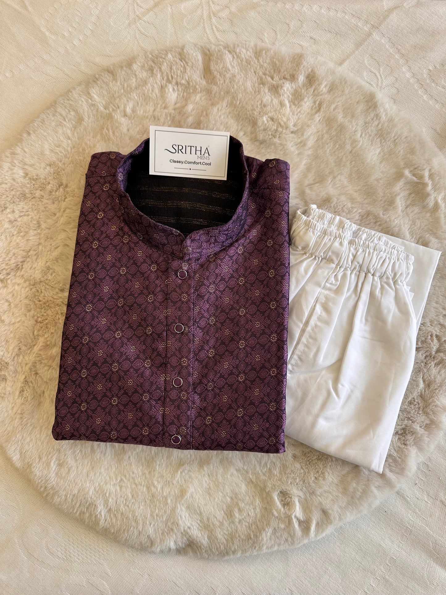 SM1125-02-11 Purple & Gold Jacquard Silk with Lining Kurta Set