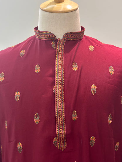 SM1125-06-04 Red Soft Silk & Colourful Embroidery Kurta Set