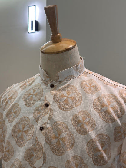 SM0126-18-08 Off White & Orange Print Short Cotton Kurta