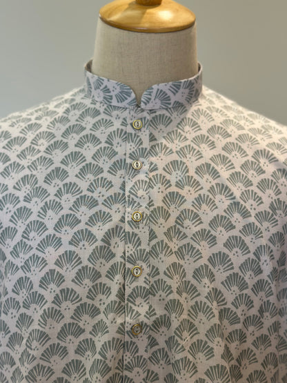 SM0925-01-14 White & Green Print Cotton Kurta