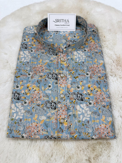 SM1224-01-07 Light Blue Floral Print Soft Kurta