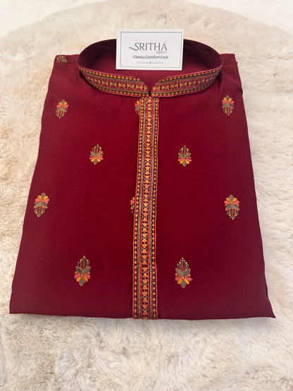 SM1125-06-04 Red Soft Silk & Colourful Embroidery Kurta Set