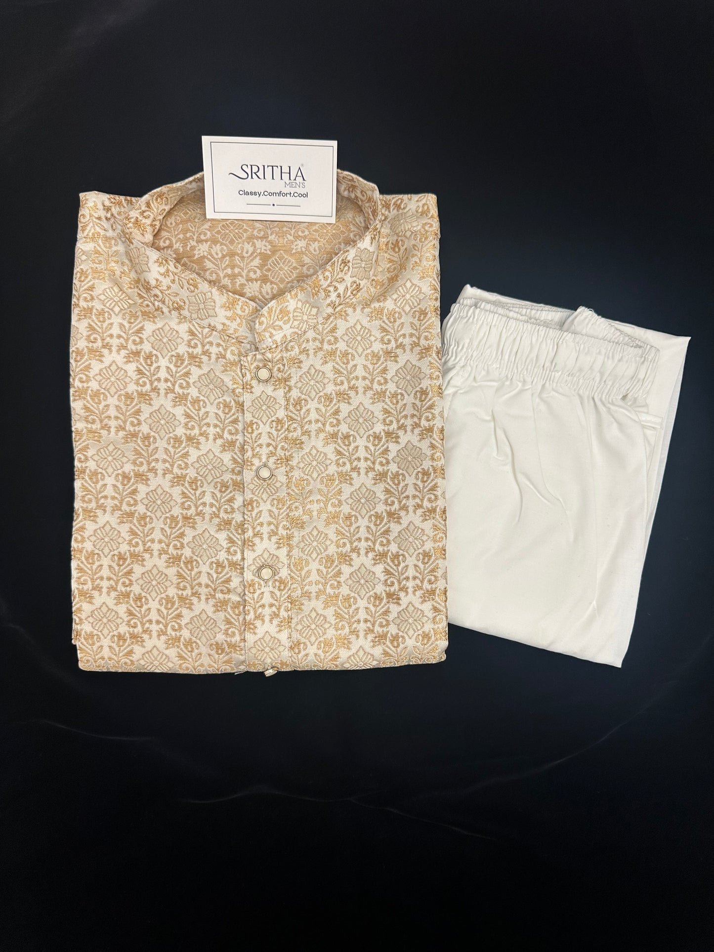 SM0626-02-15 Cream Based Gold Design Jacquard Silk Kurta Set
