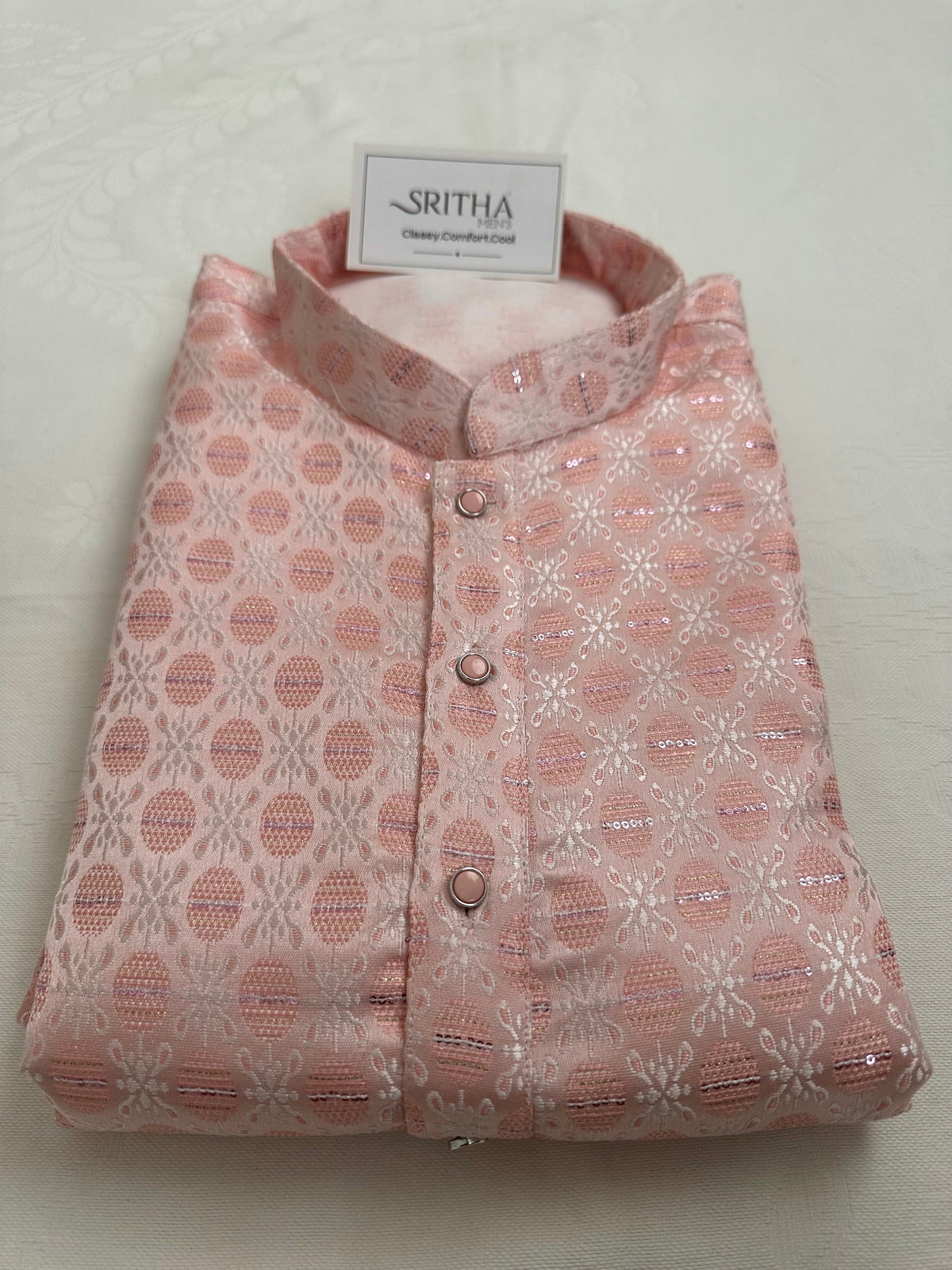SM0626-02-05 Pastel Pink Sequins Jacquard Silk Blend Kurta Set