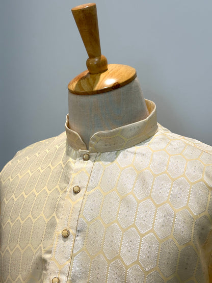 SM0626-02-14 Pastel Yellow & Silver Jacquard Silk Blend Kurta Set
