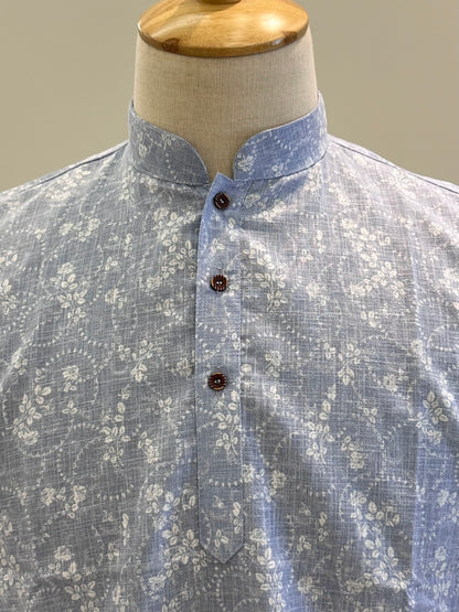 SM0126-18-07 Light Blue & White Floral Print Short Cotton Kurta
