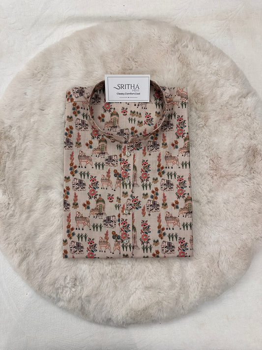 SM1225-01-05 Beige Animal Printed Cotton Kurta