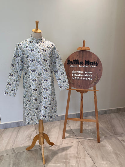 SM1125-02-06 Off White Blue Elephant Print Soft Silk Blend Kurta Set