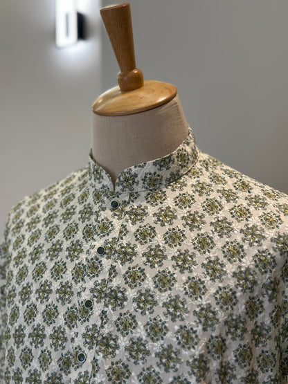 SM1125-02-03 White & Green Soft Cotton Kurta Set