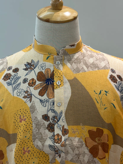 SM0626-01-06 Yellow Floral Printed Linen Blend Kurta