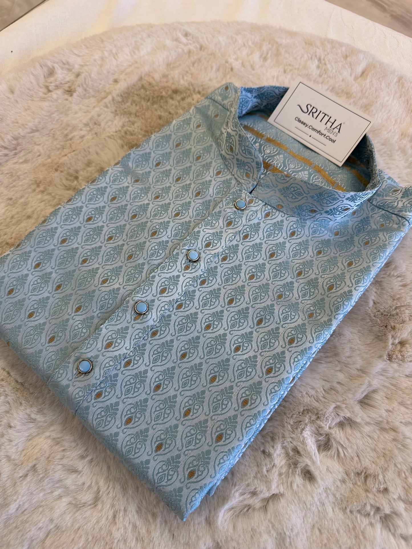 SM1125-02-08/18 Sky Blue Blue & Gold Soft Jacquard Kurta Set