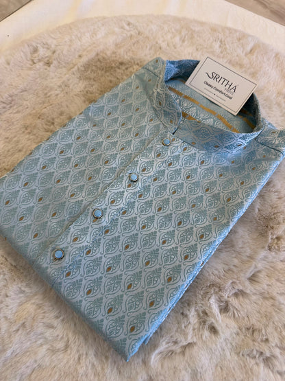 SM1125-02-08/18 Sky Blue Blue & Gold Soft Jacquard Kurta Set