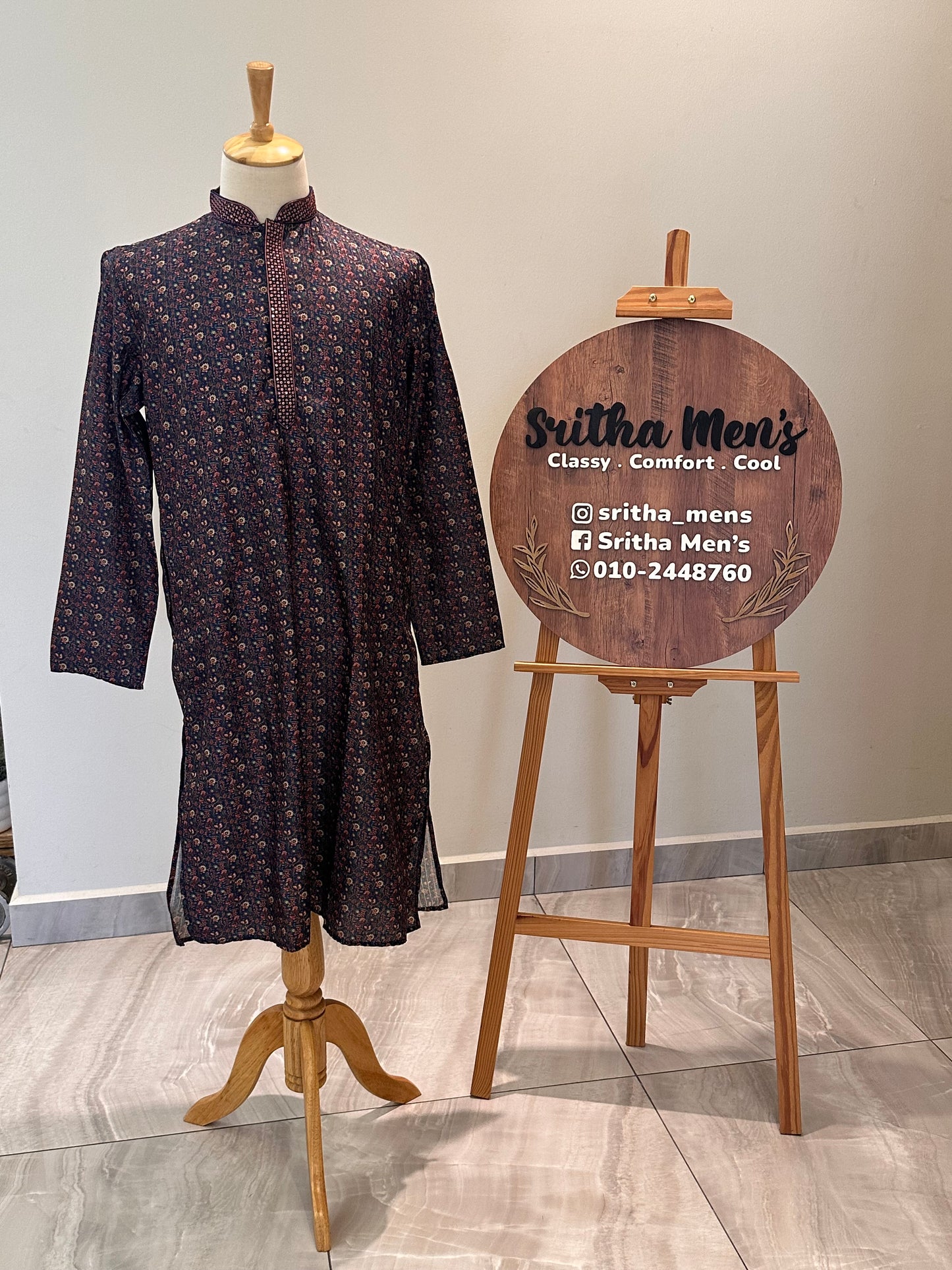 SM0326-06-04 Dark Blue & Red Floral With Sequins Soft Cotton Blend Kurta Set