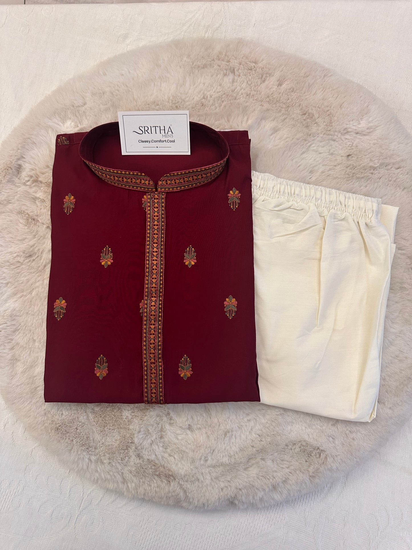 SM1125-06-04 Red Soft Silk & Colourful Embroidery Kurta Set