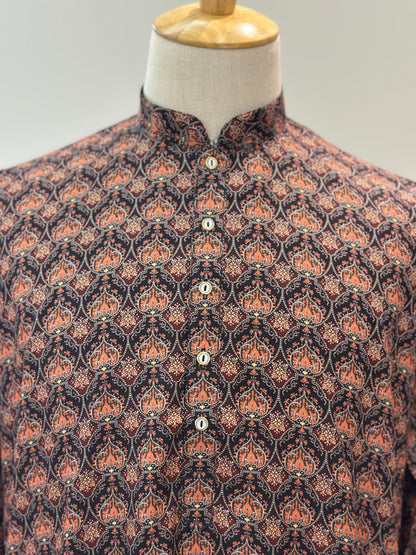 SM0625-01-12  Black & Orange Floral Khadi Silk Kurta