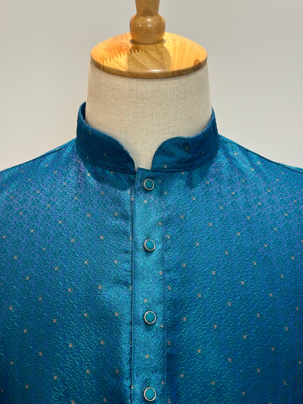SM0826-02-17 Peacock Blue Jacquard Silk Blend Kurta Set