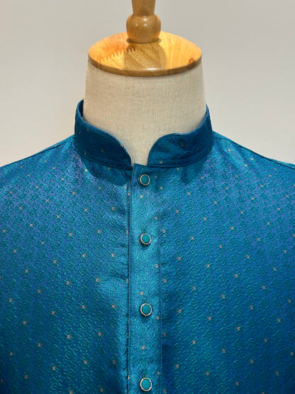 SM0826-02-17 Peacock Blue Jacquard Silk Blend Kurta Set