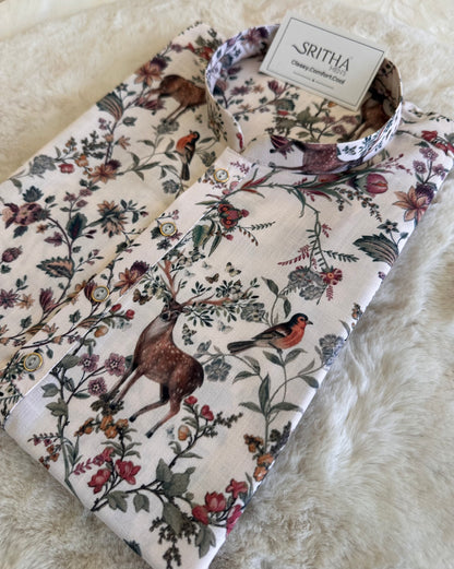 SM1225-01-06 Cream Deer Printed Cotton Kurta