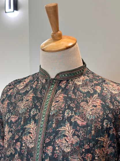 SM0326-06-05 Dark Green Floral With Transparent Sequins Soft Cotton Blend Kurta Set