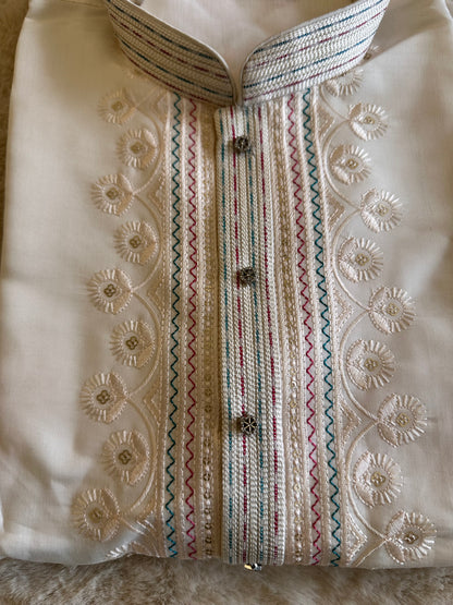 SM0326-02-04 White Embroidery Design Soft Cotton with Lining Kurta Set