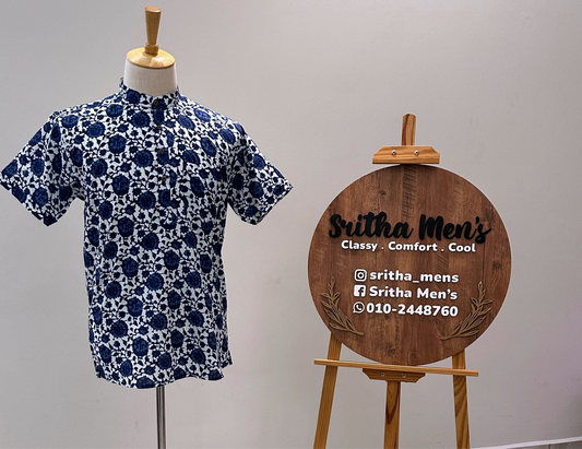 SM0525-16-09 White & Dark Blue Floral Short Cotton Kurta