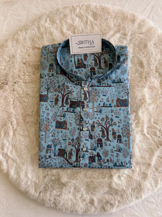 SM0625-01-02 Light Blue Printed Cotton Kurta