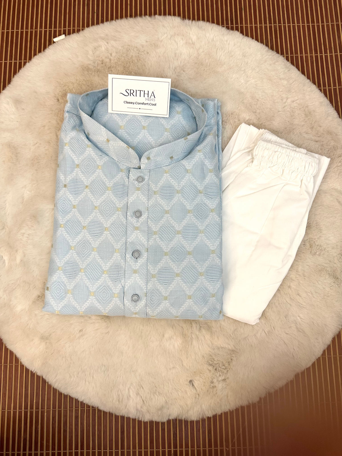 SM0826-02-21 Sky Blue Soft Jacquard Silk Blend Kurta Set