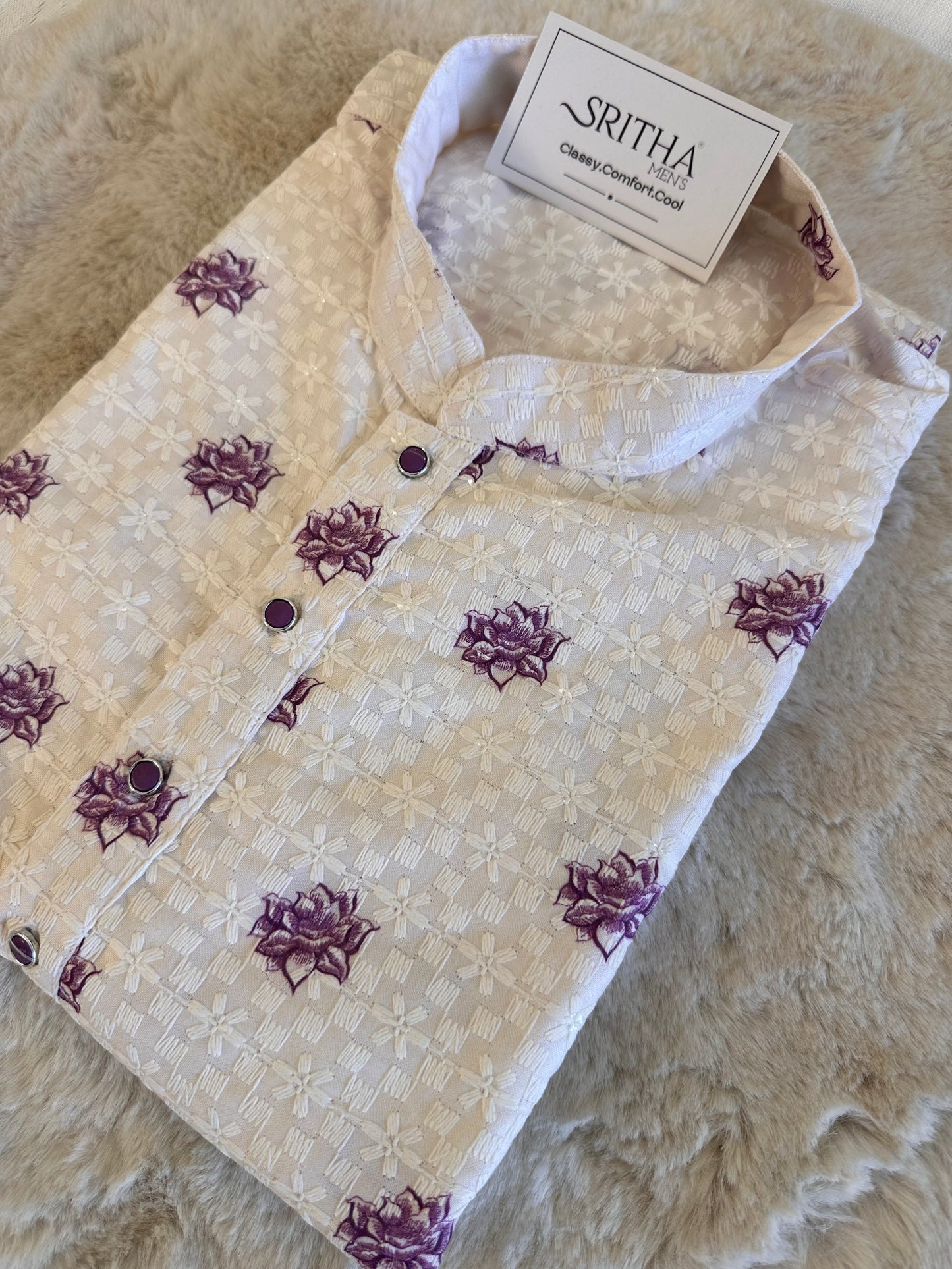 SM0326-02-06 White Lavender Flamingo & Floral Thread-work Design