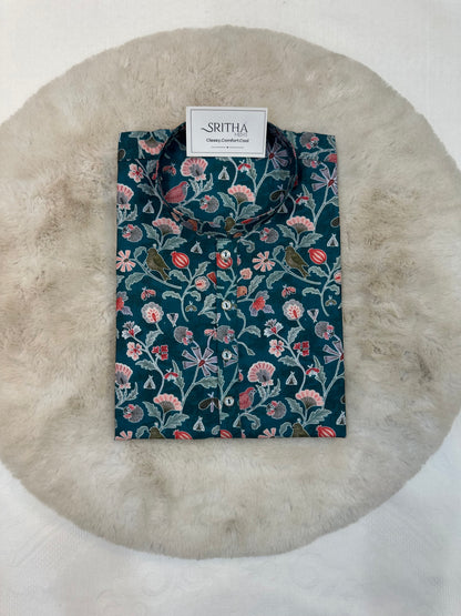 SM0726-01-04 Green Floral & Bird Printed Soft Cotton Kurta