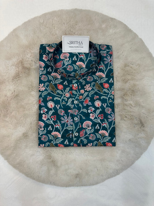 SM0726-01-04 Green Floral & Bird Printed Soft Cotton Kurta