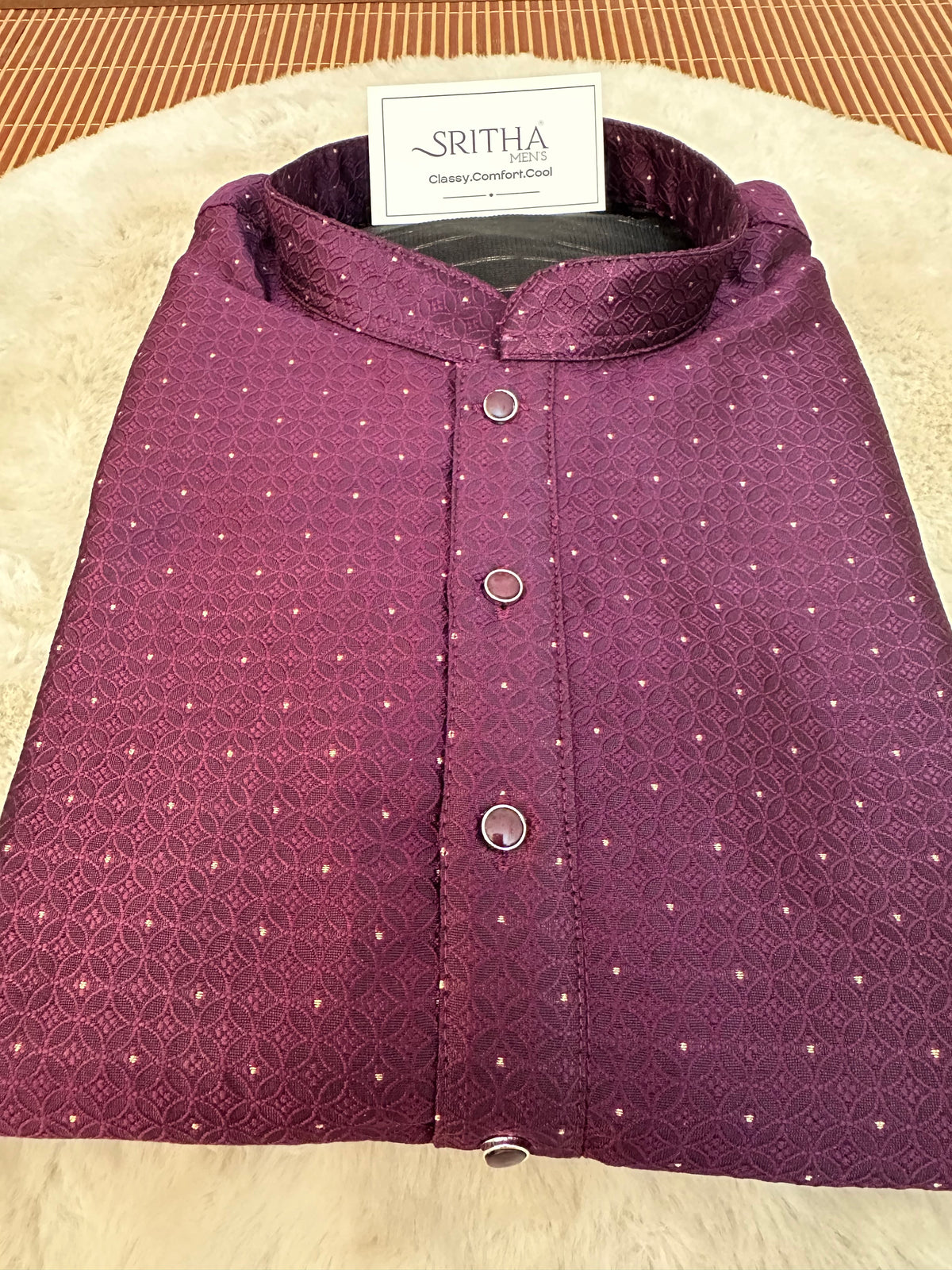 SM0826-02-02 Wine Diamond Jacquard Silk Blend Kurta Set