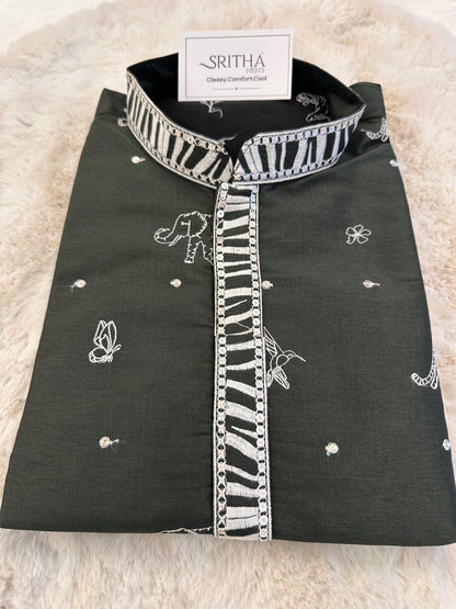 SM1125-02-07 Olive Green with Thread work Cotton Blend Kurta Set
