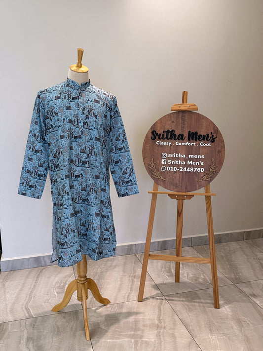 SM0625-01-02 Light Blue Printed Cotton Kurta