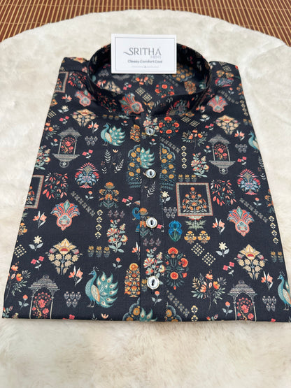 SM0726-01-02 Black Base Animal Printed Soft Cotton Kurta
