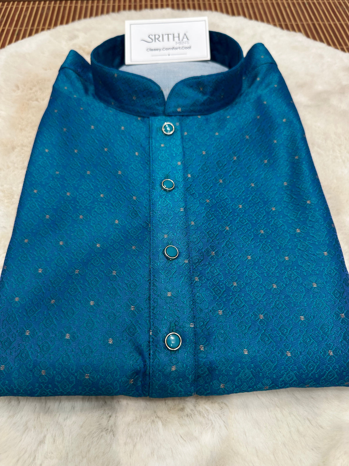 SM0826-02-17 Peacock Blue Jacquard Silk Blend Kurta Set