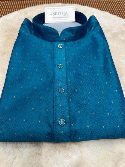 SM0826-02-17 Peacock Blue Jacquard Silk Blend Kurta Set