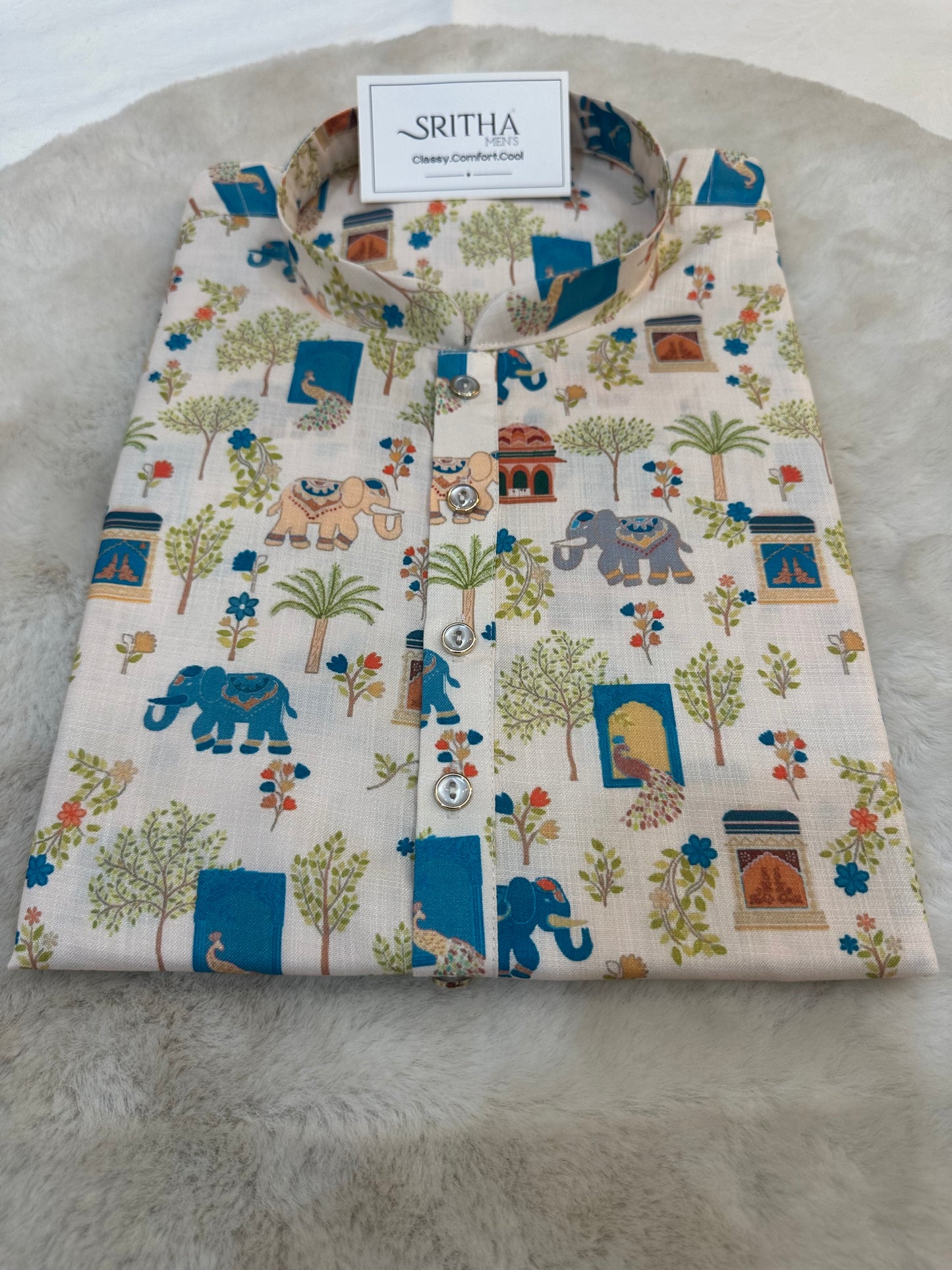 SM0726-01-03 Off White Elephant Printed Soft Cotton Kurta