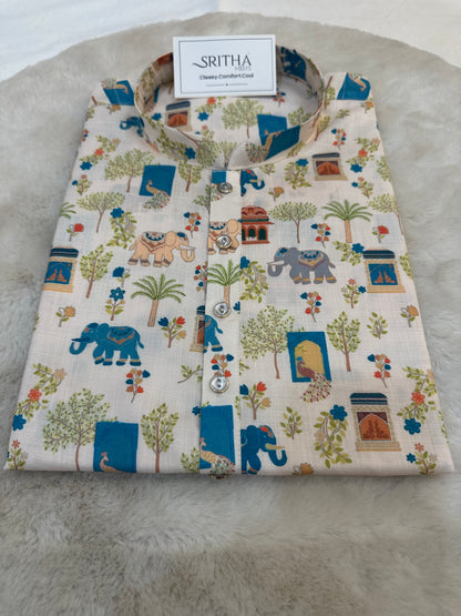 SM0726-01-03 Off White Elephant Printed Soft Cotton Kurta