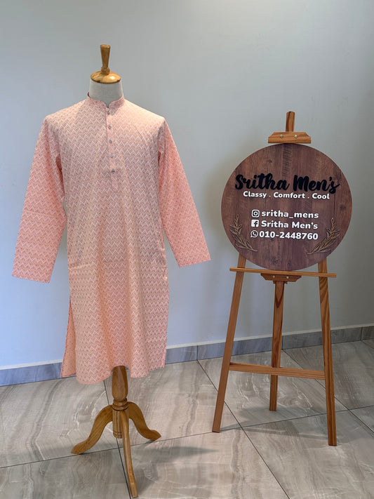 SM0226-01-07 Peach & White Printed Cotton Kurta