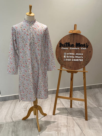 SM0925-01-13 White Faded Floral Cotton Kurta
