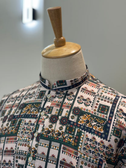 SM0925-01-15 Green & White Print Cotton Kurta