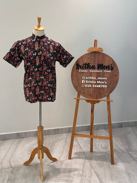 SM0326-16-02 Black Base Tribe Print Short Cotton Kurta