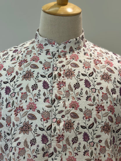 SM1125-02-05 White Floral Jacquard Silk with Lining Kurta Set