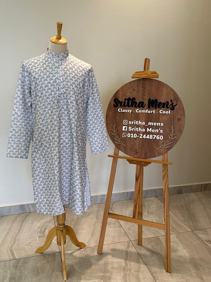 SM0925-01-14 White & Green Print Cotton Kurta