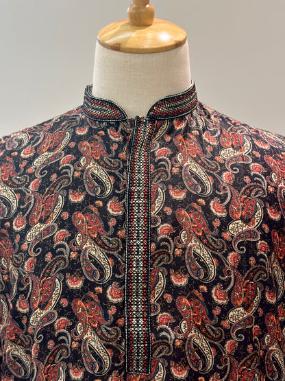 SM0326-06-07 Black & Red Paisley Design with  Sequins Soft Cotton Blend Kurta Set