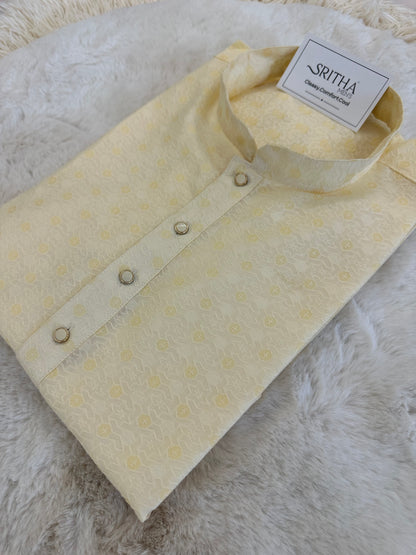 SM0724-02-10 Cream & Yellow Jacquard Silk Kurta Set