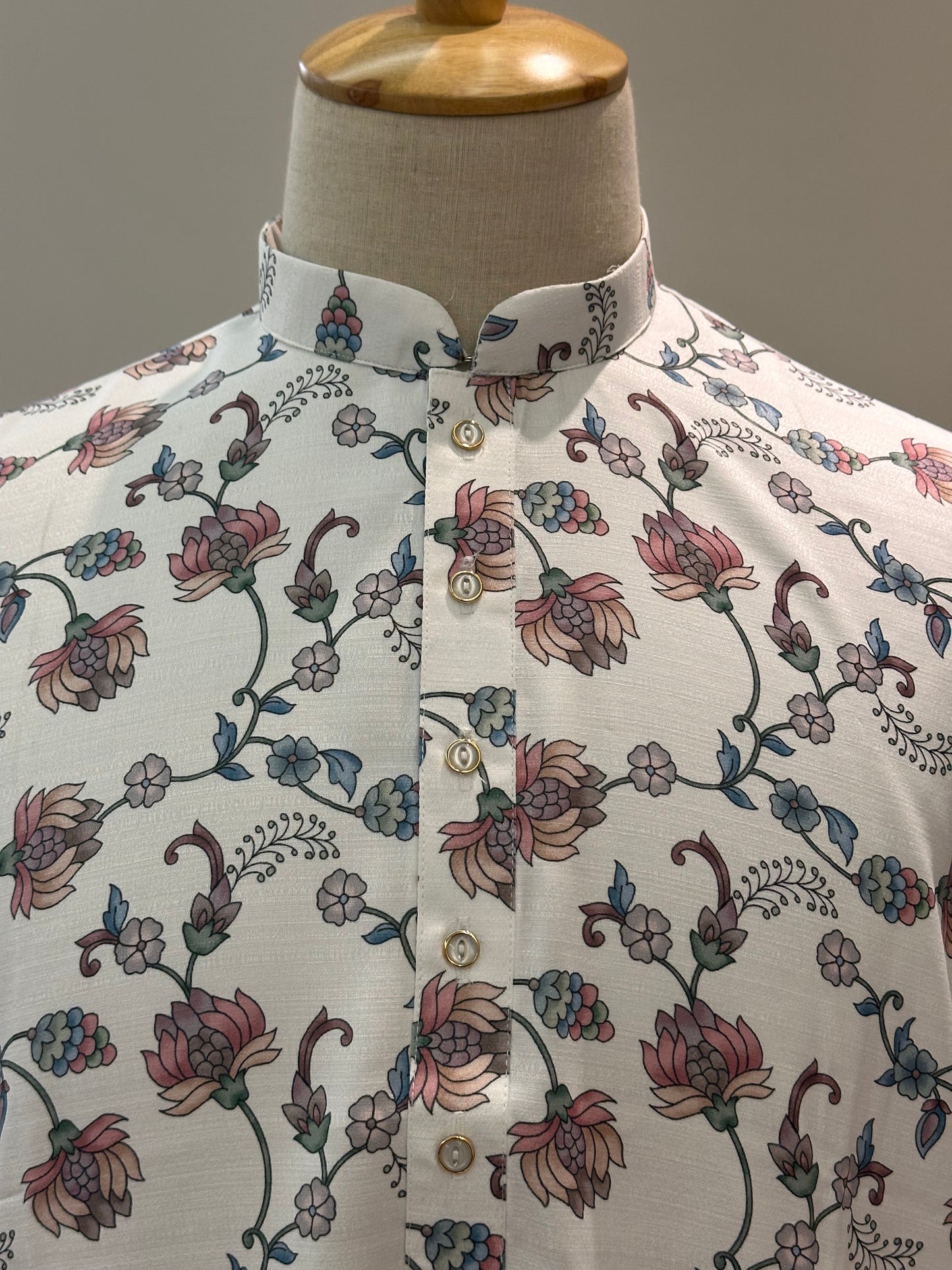 SM1225-01-03 White Base Blue Floral Soft Khadi Silk Kurta